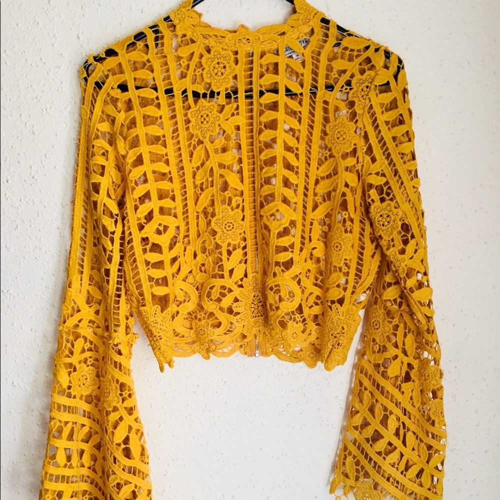 Mustard Crochet Lace Bell Sleeve Crop Top